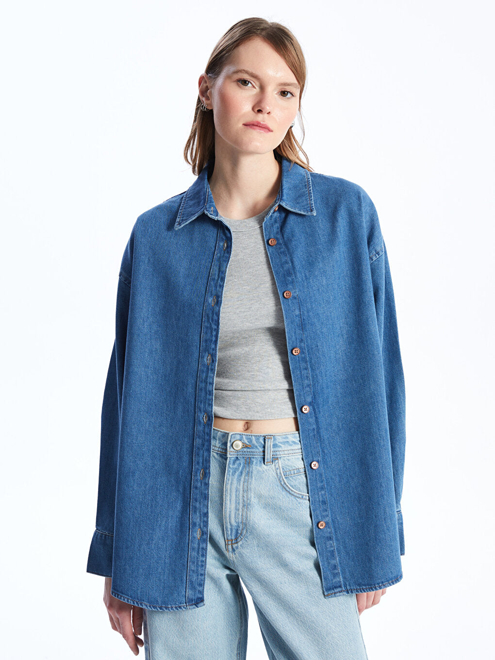 Plain Long Sleeve Oversize Women's Jean Shirt