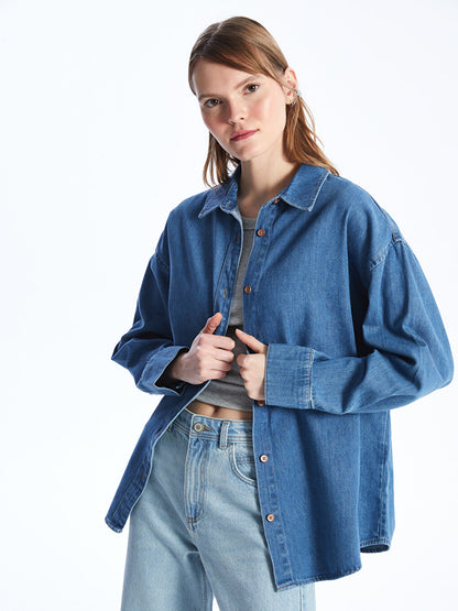 Plain Long Sleeve Oversize Women's Jean Shirt