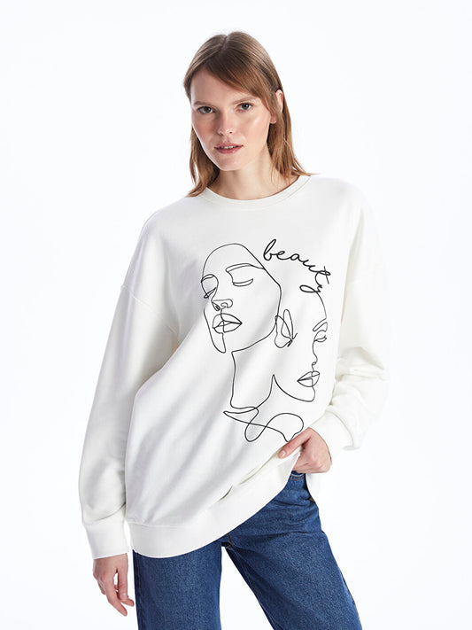 Crew Neck Printed Long Sleeve Oversize Women's Sweatshirt