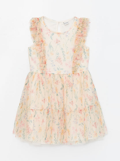 Crew Neck Floral Girl's Tulle Dress