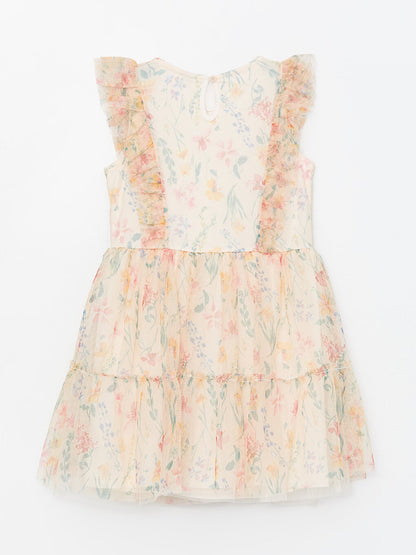 Crew Neck Floral Girl's Tulle Dress