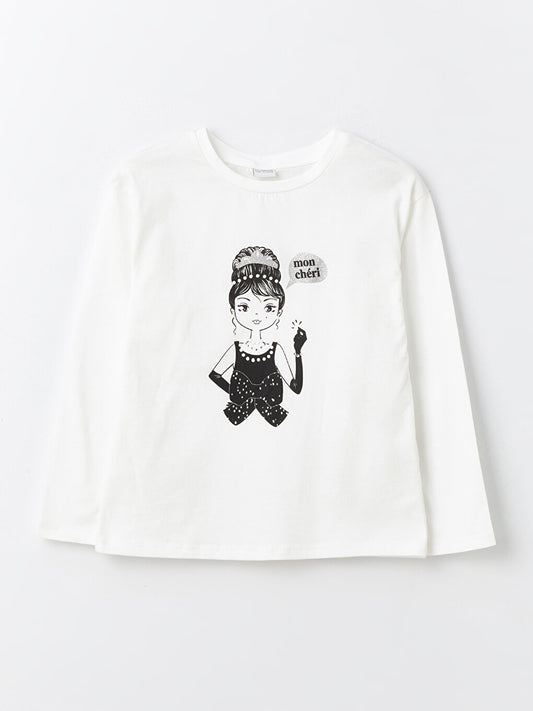 Crew Neck Printed Long Sleeve Girls' T-Shirt