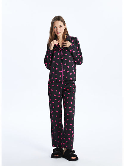 Shirt Collar Patterned Long Sleeve Satin Women's Pajama Set