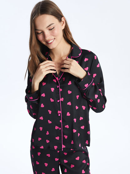 Shirt Collar Patterned Long Sleeve Satin Women's Pajama Set