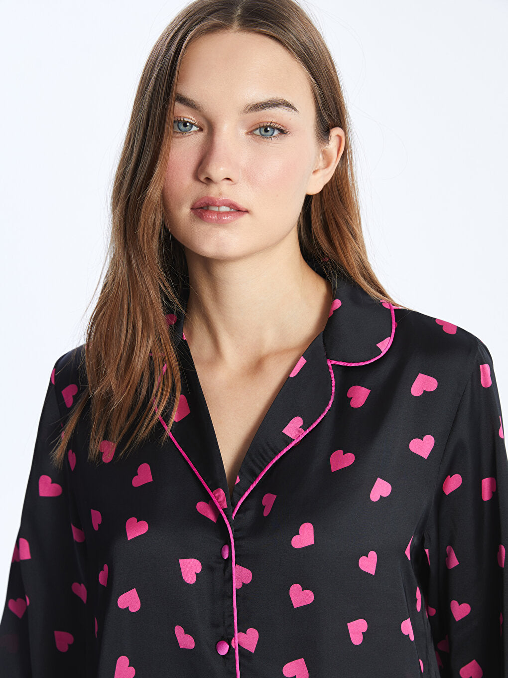 Shirt Collar Patterned Long Sleeve Satin Women's Pajama Set