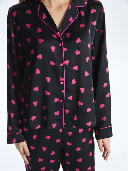 Shirt Collar Patterned Long Sleeve Satin Women's Pajama Set