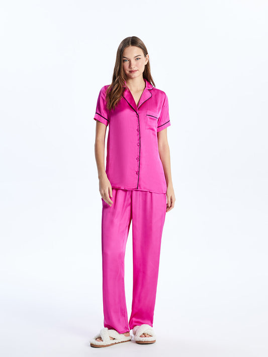 Shirt Collar Plain Short Sleeve Satin Women's Pajama Set