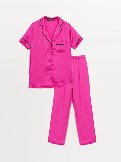 Shirt Collar Plain Short Sleeve Satin Women's Pajama Set