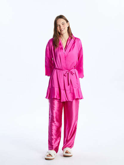 Double Breasted Collar Plain Satin Women's Dressing Gown