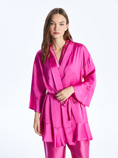 Double Breasted Collar Plain Satin Women's Dressing Gown