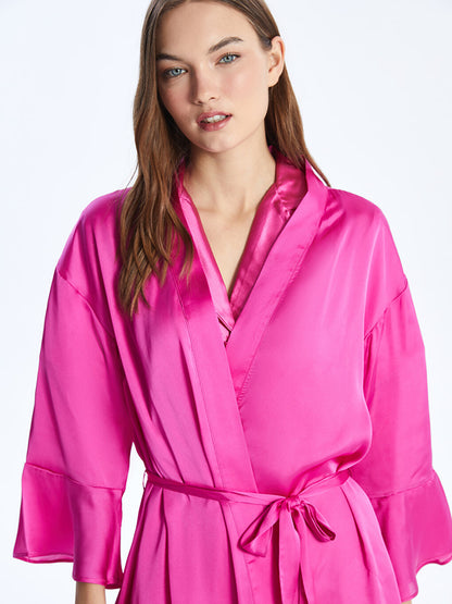 Double Breasted Collar Plain Satin Women's Dressing Gown