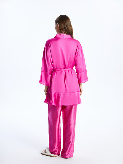 Double Breasted Collar Plain Satin Women's Dressing Gown