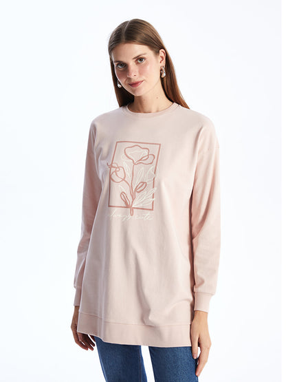 Crew Neck Printed Long Sleeve Oversize Women's Tunic