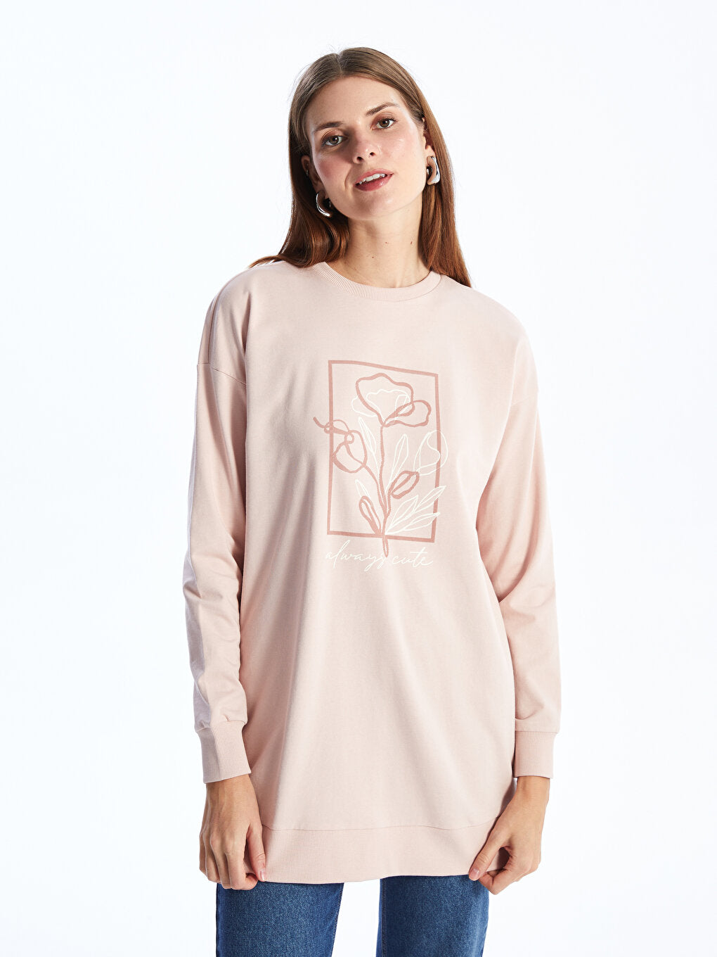 Crew Neck Printed Long Sleeve Oversize Women's Tunic