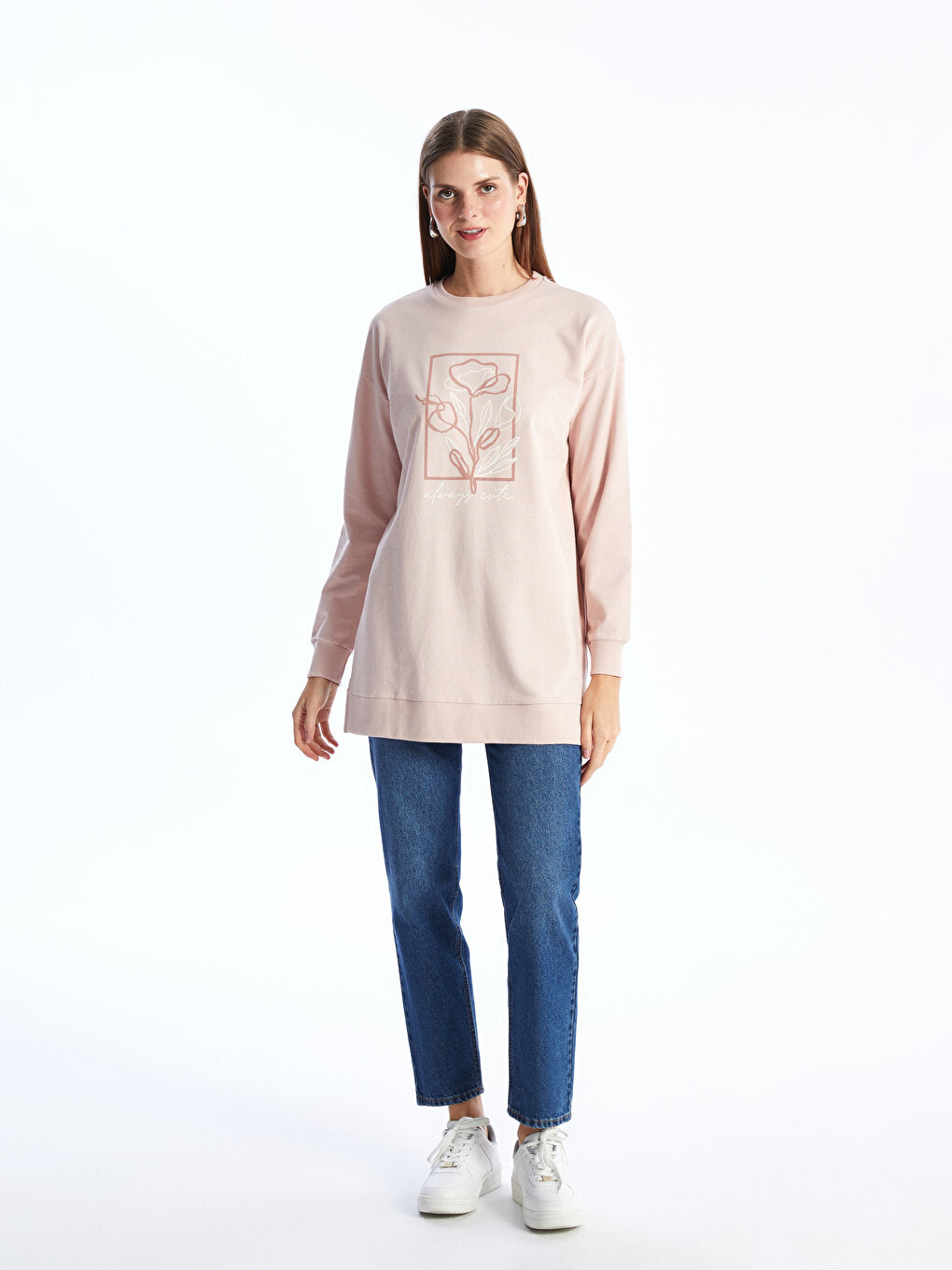 Crew Neck Printed Long Sleeve Oversize Women's Tunic