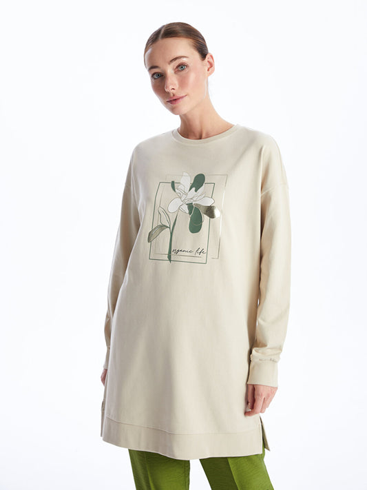 Crew Neck Printed Long Sleeve Oversize Women's Tunic