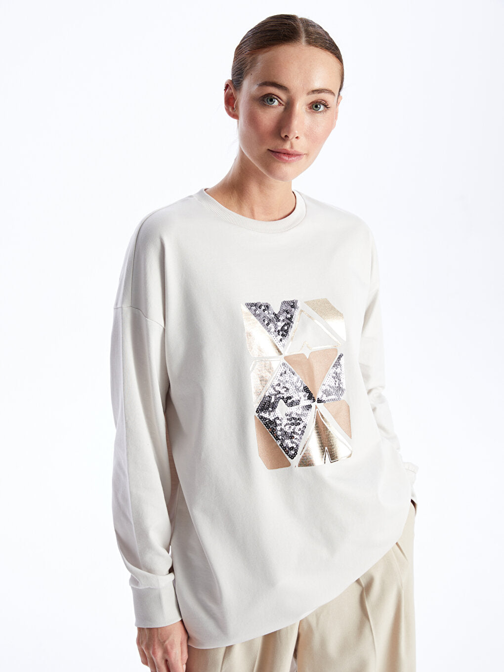 Crew Neck Printed Long Sleeve Oversize Women's Tunic