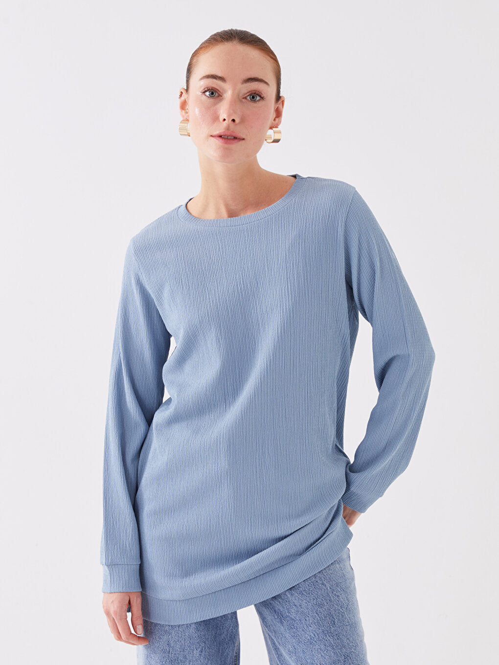 Crew Neck Plain Long Sleeve Women's Tunic