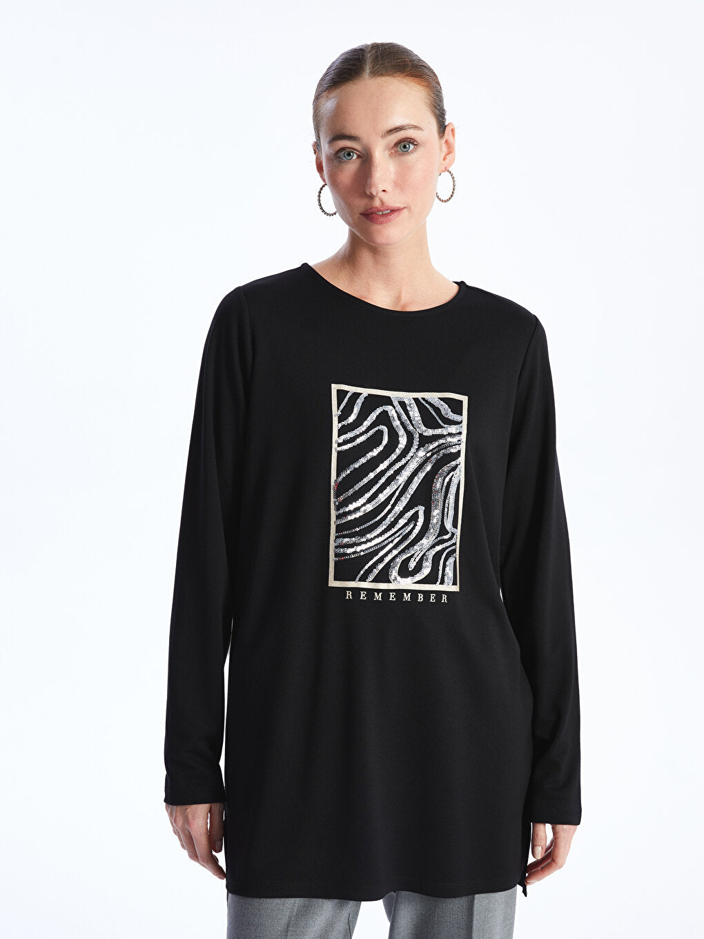 Crew Neck Sequined Long Sleeve Women's Tunic