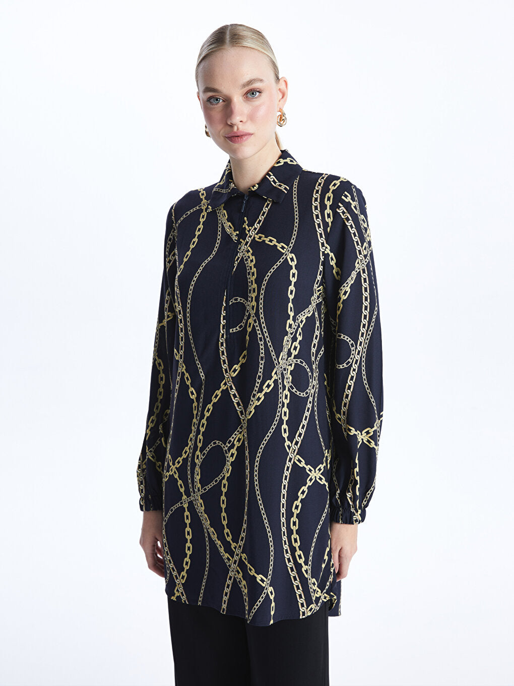 Shirt Collar Patterned Long Sleeve Women's Tunic