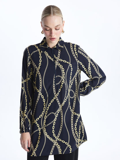 Shirt Collar Patterned Long Sleeve Women's Tunic