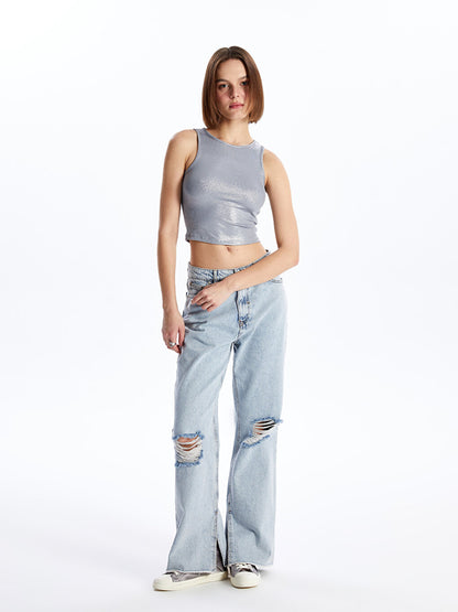 High Waist Wideleg Ripped Detailed Women's Jean Trousers