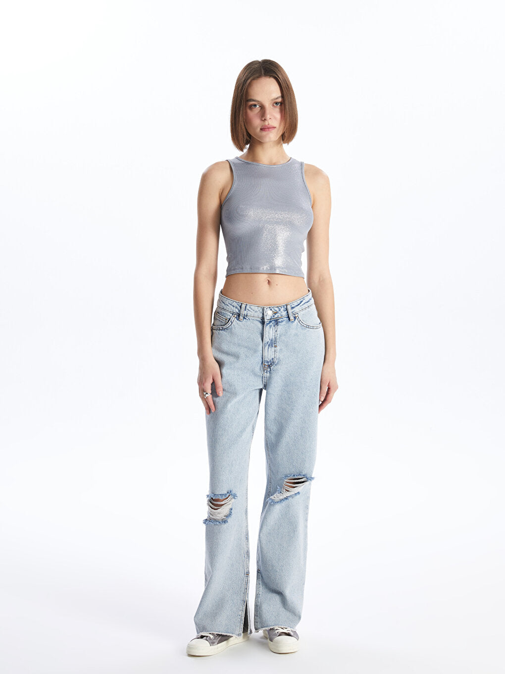 High Waist Wideleg Ripped Detailed Women's Jean Trousers