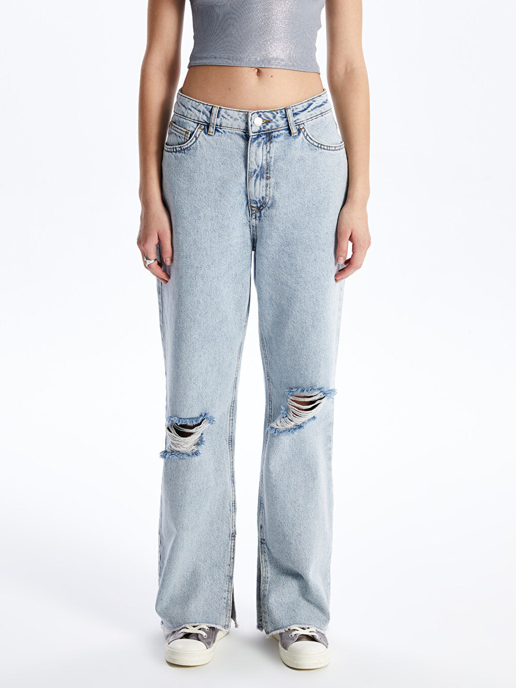 High Waist Wideleg Ripped Detailed Women's Jean Trousers