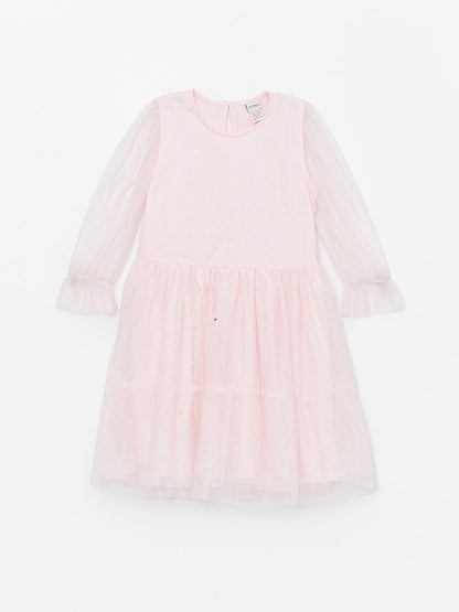 Crew Neck Long Sleeve Girl's Tulle Dress