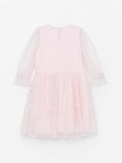 Crew Neck Long Sleeve Girl's Tulle Dress