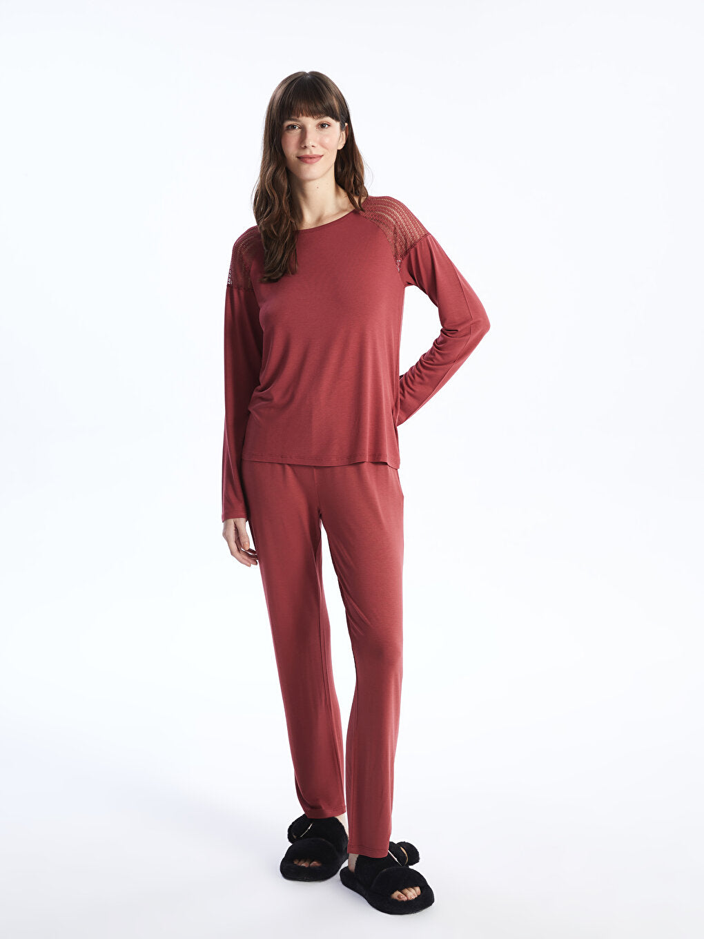 Crew Neck Plain Long Sleeve Women's Pajama Set