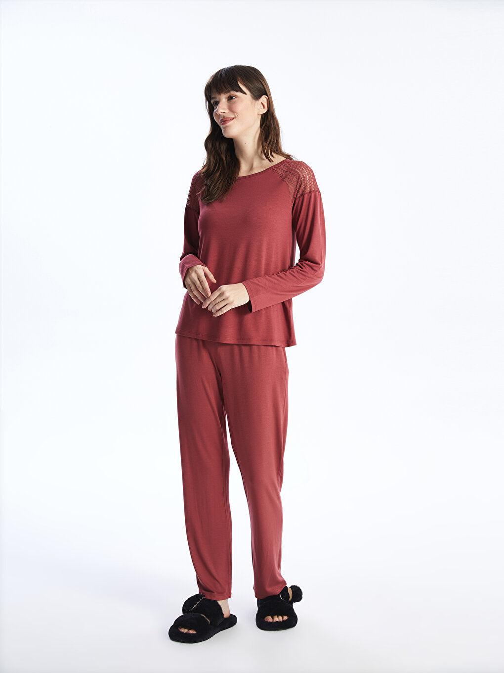 Crew Neck Plain Long Sleeve Women's Pajama Set