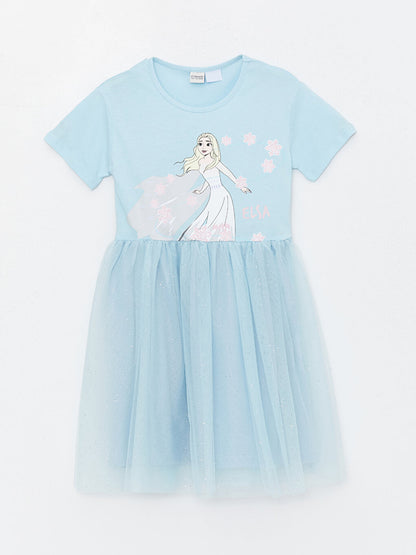 Crew Neck Elsa Printed Short Sleeve Girl's Dress