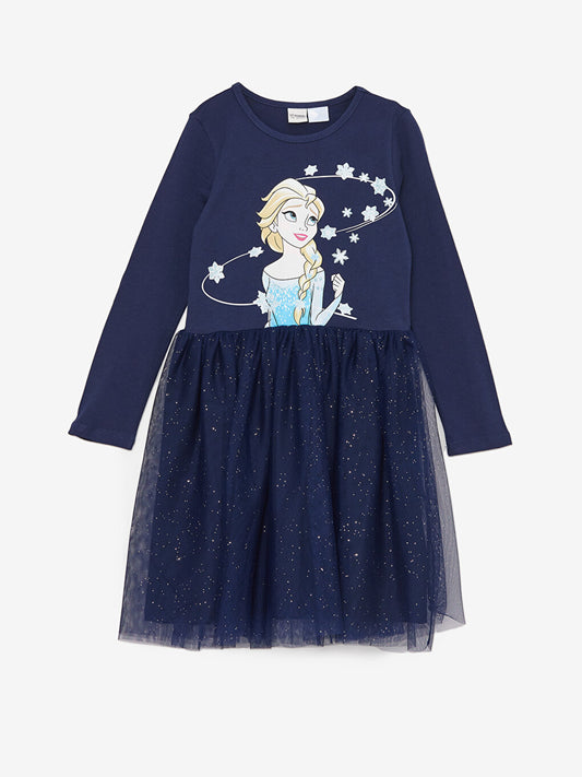 Crew Neck Elsa Printed Long Sleeve Girl's Dress