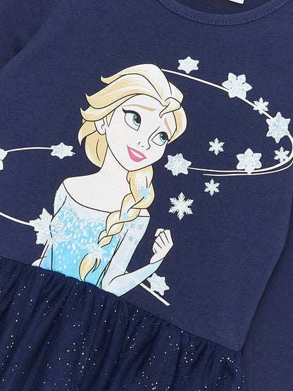 Crew Neck Elsa Printed Long Sleeve Girl's Dress