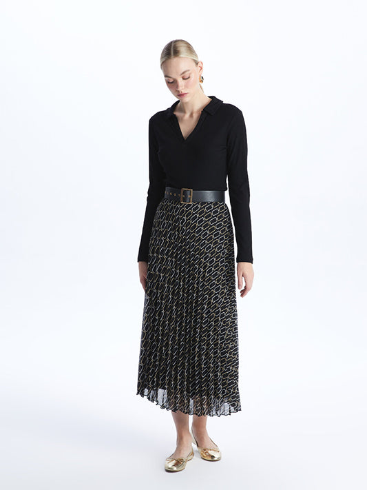 Patterned Chiffon Women's Pleated Skirt with Elastic Waist