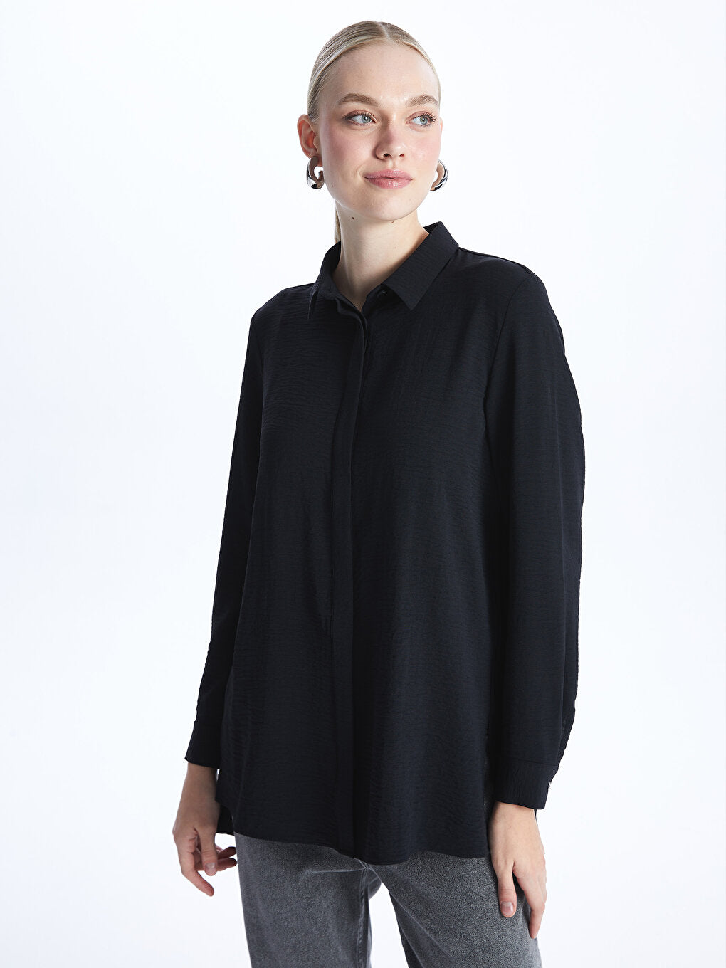 Shirt Collar Plain Long Sleeve Aerobin Women's Tunic