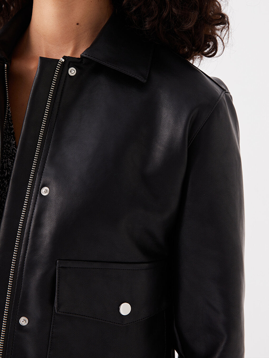 Women's Shirt Collar Plain Leather Look Coat