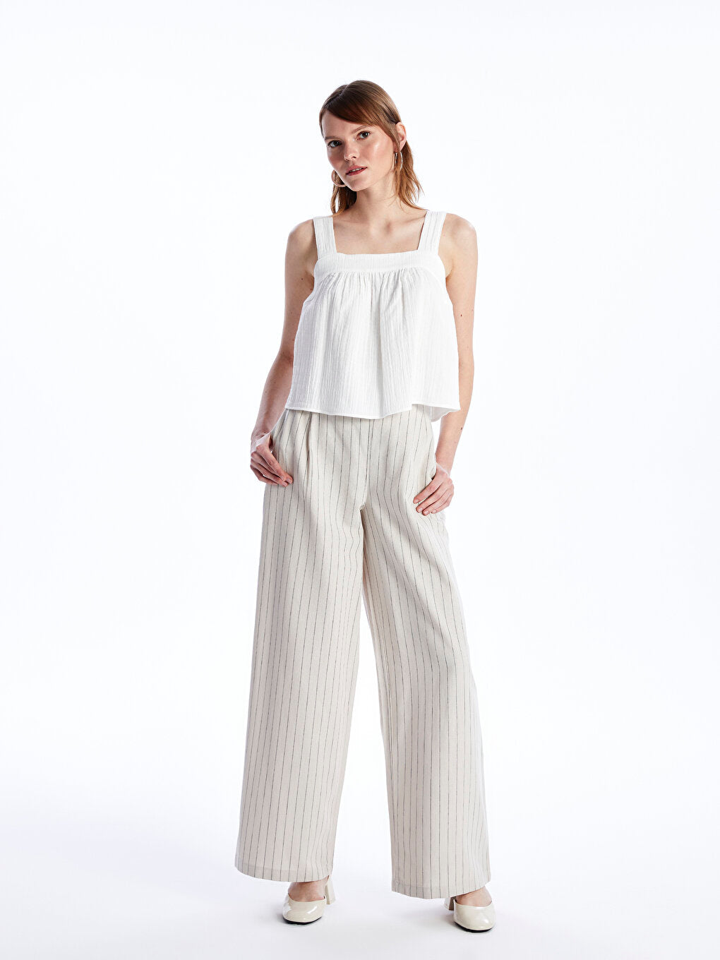 Comfortable Fit Striped Linen Blend Women's Trousers