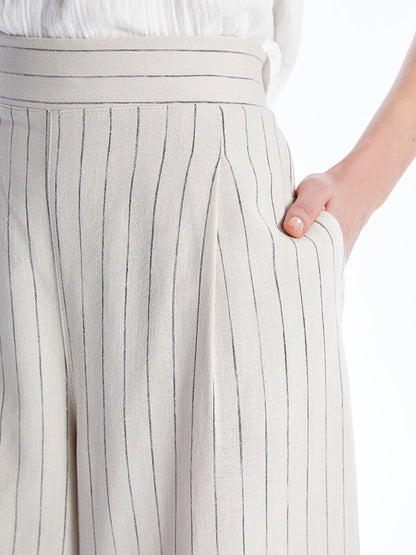 Comfortable Fit Striped Linen Blend Women's Trousers