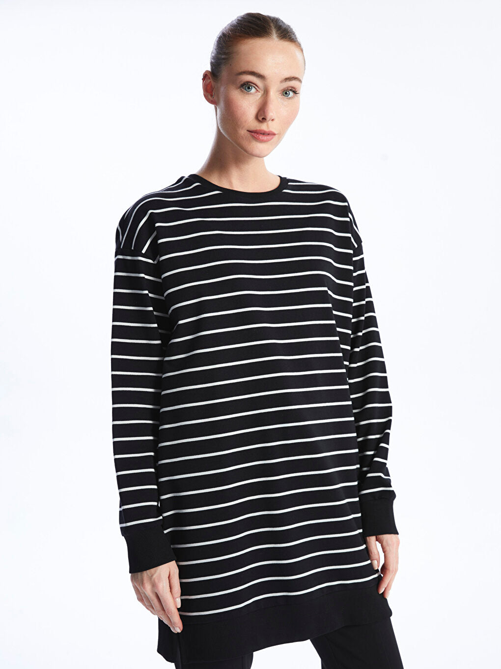 Crew Neck Striped Long Sleeve Oversize Women's Tunic