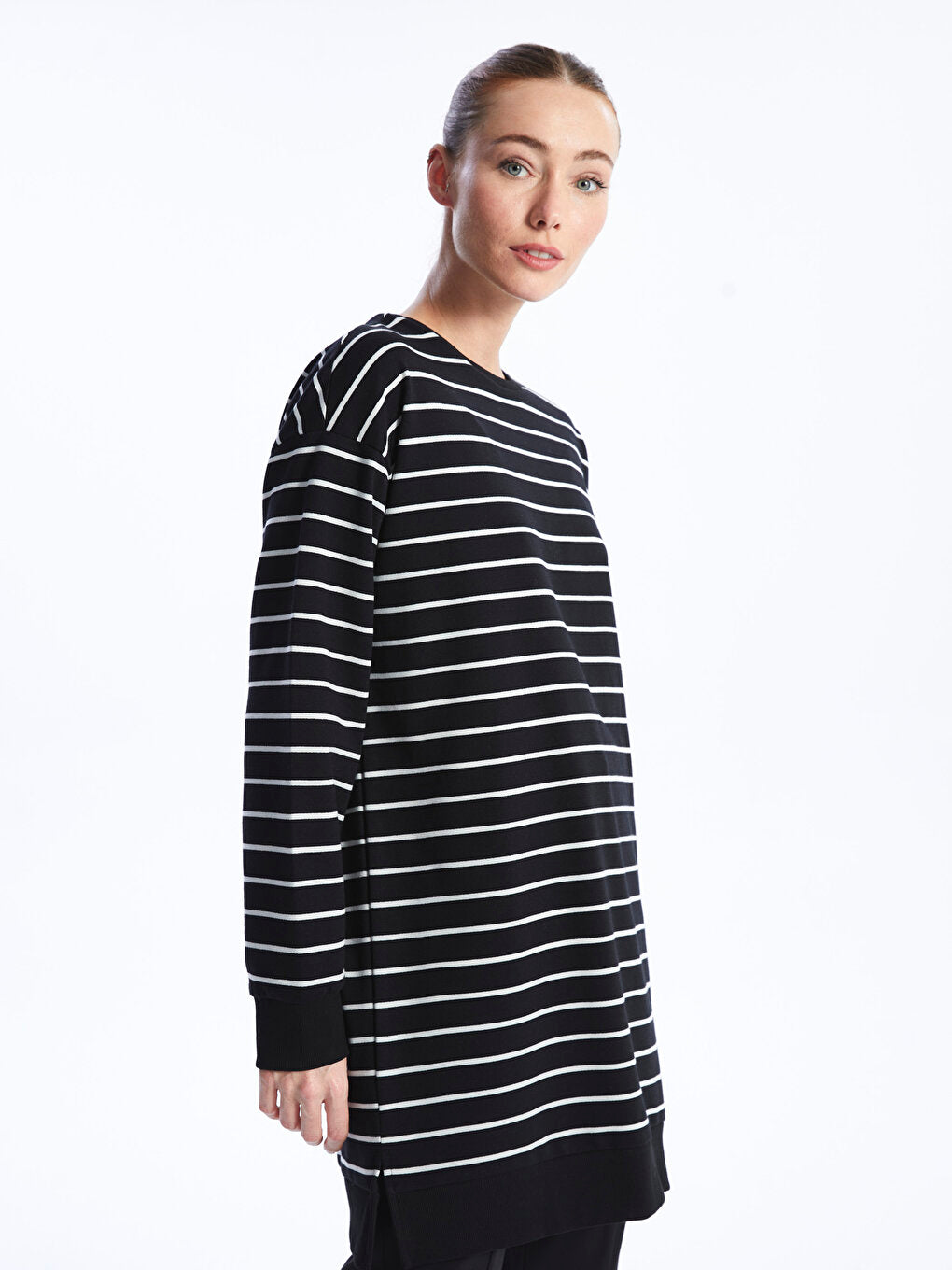 Crew Neck Striped Long Sleeve Oversize Women's Tunic