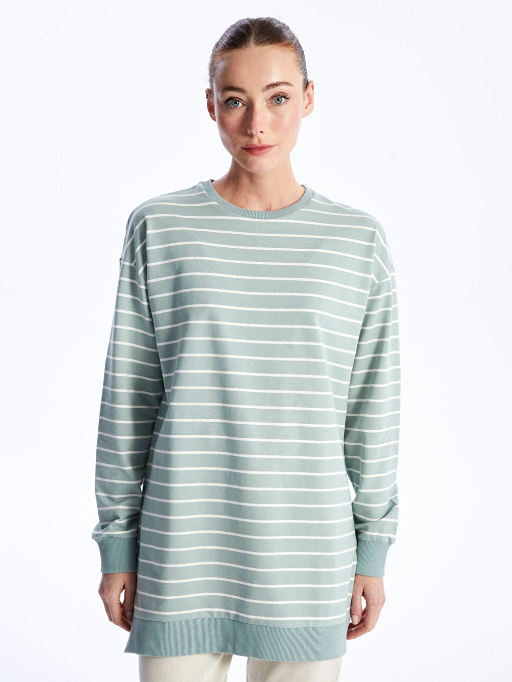 Crew Neck Striped Long Sleeve Oversize Women's Tunic