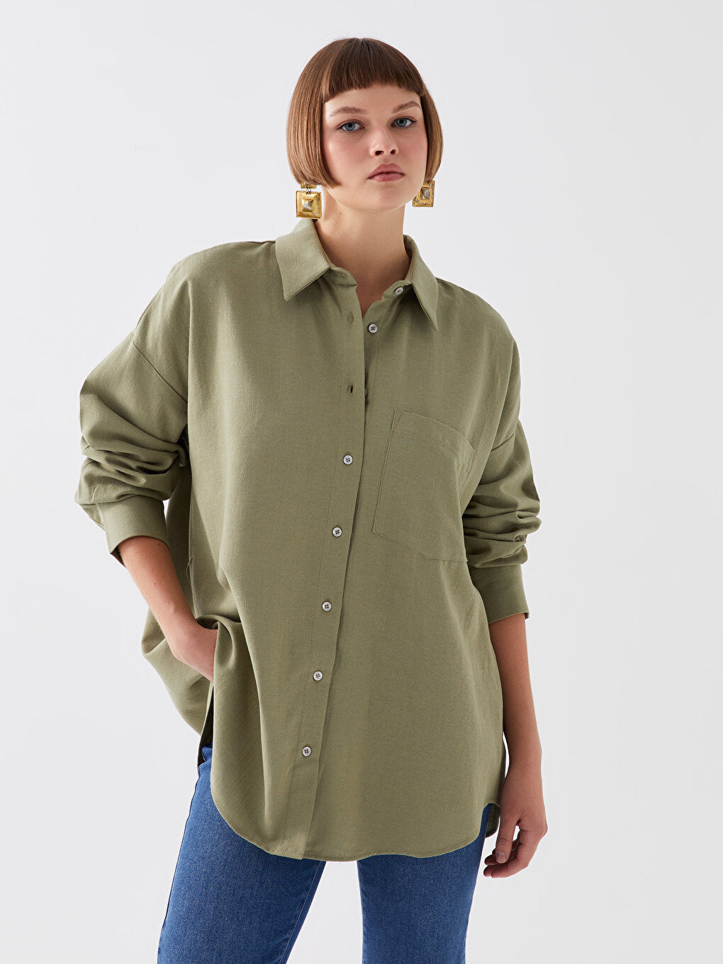 Plain Long Sleeve Oversize Linen Blend Women's Shirt