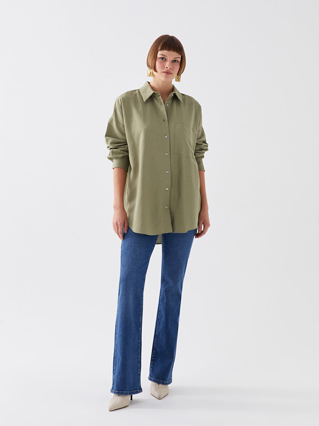 Plain Long Sleeve Oversize Linen Blend Women's Shirt