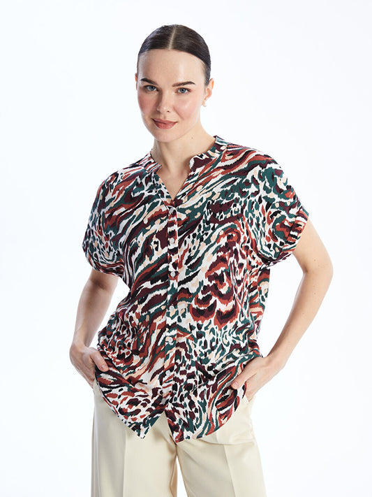 Wacky Collar Patterned Short Sleeve Women's Blouse