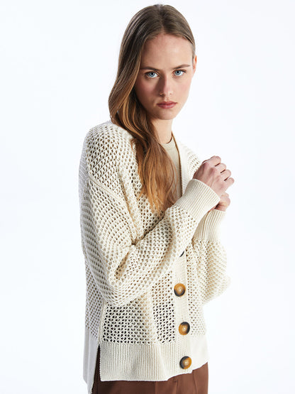 V-Neck Openwork Long Sleeve Oversize Women's Knitwear Cardigan