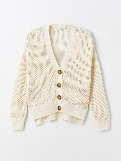 V-Neck Openwork Long Sleeve Oversize Women's Knitwear Cardigan