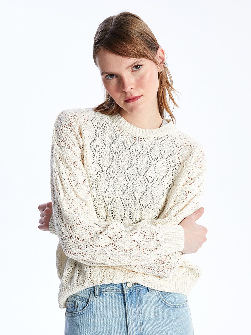 Crew Neck Openwork Long Sleeve Oversize Women's Knitwear Sweater