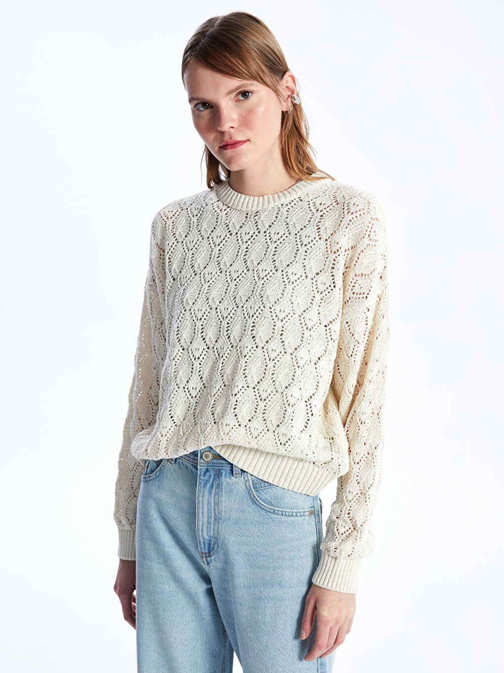 Crew Neck Openwork Long Sleeve Oversize Women's Knitwear Sweater